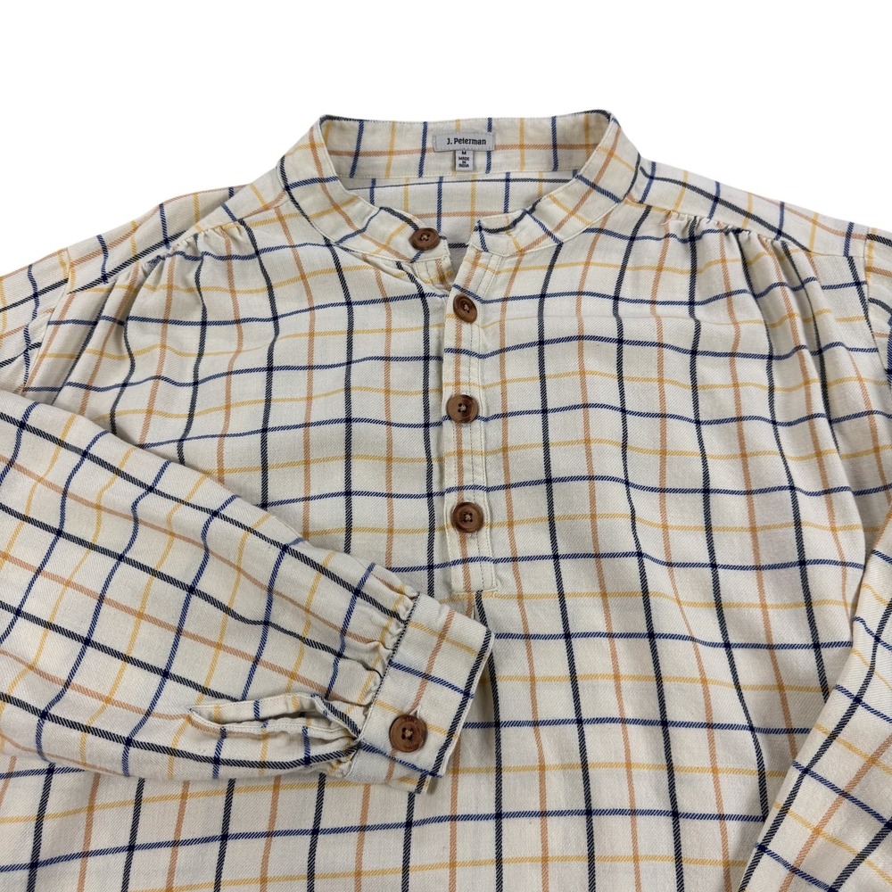 J Peterman Shirt Mens Medium Beige Plaid Flannel Henley Tunic Long Sleeve India
